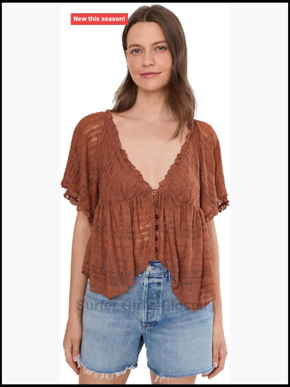 Free People Lace Babydoll Top Plunging V-Neck Flutter Sleeves